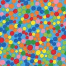 Das Bild zeigt einen blauen Stoff mit vielen bunten...