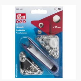 Die Ansicht zeigt die Verpackung fuer 10 Anorak Druckknoepfe in 12mm Durchmesser.