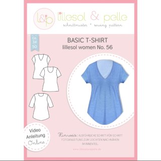 Das Bild zeigt das Papierschnittmuster für das Basic T-Shirt. Das abgebildete Modell mit einem spitzen Ausschnitt wurde in einem blauen Jersey genaeht. Links neben dem Foto sind Skizzen von drei Schnittvarianten zu sehen.