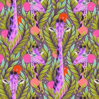 Patchworkstoff Giraffen im Blätterwald rosebraun-lila-pink-grün-rot