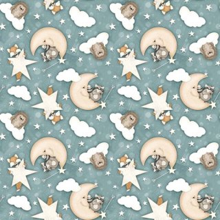 baumwollstoffe patchwork bekleidung dream big little one mond sterne wolken waschbaer igel fuchs blau