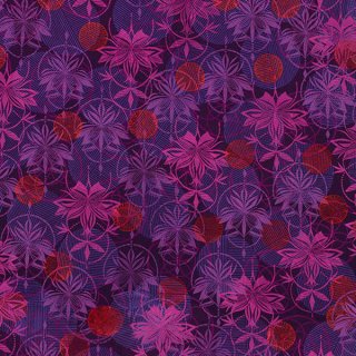 Das Bild zeigt orangene, pinke und lila Ornamente, Blumen auf lila Untergrund.