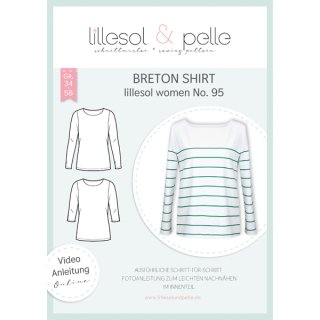 Das Bild zeigt das Cover des Papierschnittmuster Breton Shirt für Damen in einem weissen Sweatstoff mit feinen gruenen Streifen ab dem Brustbereich.