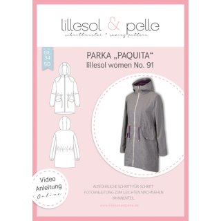 Das Bild zeigt das Cover des Papierschnittmuster Parka Paquita für Damen. Er ist aus einem grau weiss klein karierten Stoff mit einem Reissverschluss, Taschen mit Druckknopf und einem Tunnel mit einer bordeauxfarbenen Kordel.