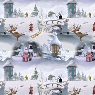 Das Bild zeigt den Jerseystoff mit einer Winterlandschaft. In ihr sind alle bekannten Mumins und Snorks zu erkennen.