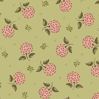 Baumwollstoff hellgrün mit Blüten in rose mit grünen Blättern