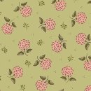 Baumwollstoff hellgrün mit Blüten in rose mit...