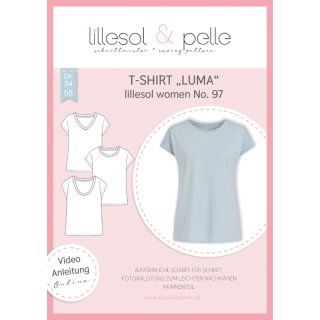 Das Bild zeigt das Cover des Papierschnittmuster T-Shirt Luma für Damen in einem grauen Jerseystoff. Links vom T-Shirt Foto sind drei verschiedene Skizzen mit den Unterschiedlichen Halsausschnitt und Aermelvarianten dargestellt.