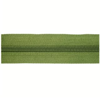 Das Bild zeigt einen Ausschnitt des Endlosreissverschlusses in olivegruen mit Gesamtbreite 30mm und Zaehnchenbreite 5mm.