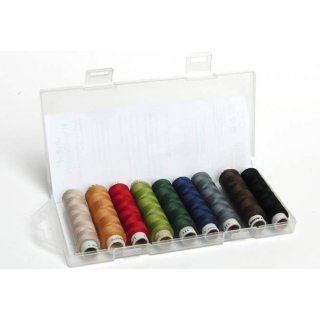 Das Bild zeigt die geoeffnete Naehgarnbox mit 9 verschiedenen Naehgarnrollen in herbstlichen Farben.
