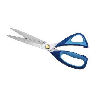 Auf dem Bild ist die Stoffschere mit 10 Inch Schnittflaeche zu sehen. Die Schere ist leicht geoeffnet und hat einen zweifarbigen blauen Griff.