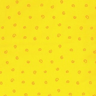 Das Bild zeigt den gelben Baumwollstoff aus der Westfalenstoffserie Junge Linie mit orangenen Kringeln.