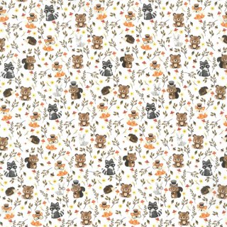 Das Bild zeigt einen Baumwollstoff  für Patchwork und Bekleidung aus der Serie Oman von Westfalenstoffe mit kleinen braunen Baeren, orangefarbenen Fuechsen, grauen Waschbaeren, und dunkelbraunen Igel.