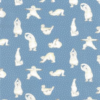 Das Bild zeigt einen Baumwollstoff  für Patchwork und Bekleidung aus der Serie Polar Friend von Westfalenstoffe mit weissen Eisbaeren in verschiedenen Yoga-Positionen auf hellblauen Untergrund.