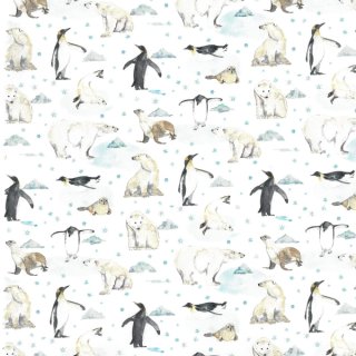 Das Bild zeigt einen Baumwollstoff  für Patchwork und Bekleidung aus der Serie Polar Friend von Westfalenstoffe mit beigefarbenen Eisbaeren, braunen Seeloewen und dunkelgrauen Pinguinen auf eisblauen Eisschollen auf naturfarbenen Hintergrund.