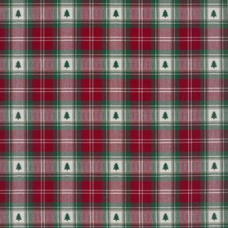 Das Bild zeigt den rot-gruen-beige karierten Webstoff aus der Serie Trondheim von Westfalenstoffe mit einem grünen Tannenbaum in jeder beigefarbenen Karomitte.