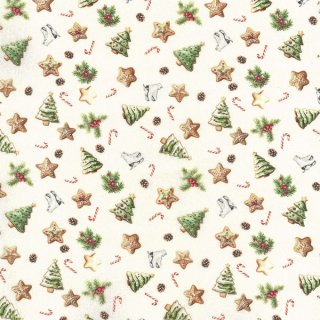 Das Bild zeigt kleine braune Lebkuchen, weisse Schlittschuhe, gruene Tannenbaeume, rot-weisse Zuckerstangen, braune Kiefernzapfen auf beigefarbenen Untergrund.