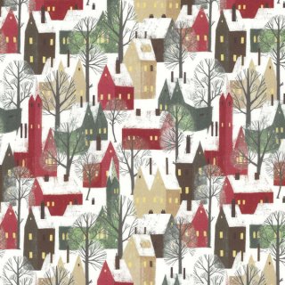 Das Bild zeigt ein winterlich verschneites Weihnachtsdorf. Die Häuser sind in den Farben rot, gruen, beige und braun. Dazwischen stehen entlaubte Baeume. Die Fenster der Haeuser sind gelb erleuchtet.