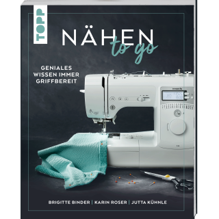 Das Bild zeigt das schwarze Cover des Buches Naehen to go. Darauf abgebildet ist eine Brother Naehmaschine unter deren Nadel ein tuerkisfarbener Stoff liegt..