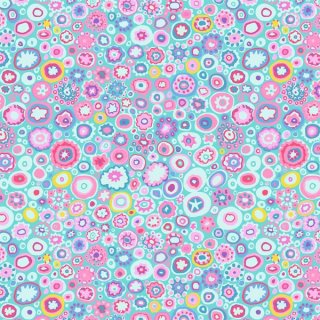 Das Bild zeigt den Patchworkstoff  Paperweight aqua. Es sind bunte Flecken, Art Glassplitter, auf tuerkis-blauen Untergrund.