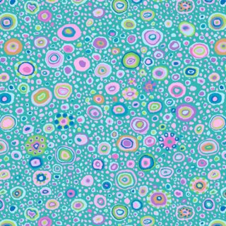 Das Bild zeigt den Patchworkstoff  Roman Glass in turquoise. Es sind bunte Flecken auf tuerkisfarbenen Untergrund.