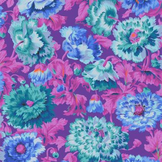 Das Bild zeigt den Patchworkstoff  Rosemary blue. Es sind große Blueten in blau, petrol, lila, beere auf violeten Untergrund.