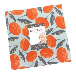 Die Ansicht zeigt den Layer Cake Balisong. Das erste Stoffstueck auf dem Stapel zeigt orangefarbene Fruechte an einem Frauen Stiel mit grauen Blaettern auf einem eisblauen Untergrund.