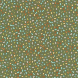 Das Bild zeigt den gruenen Baumwollstoff ovale Tupfen auf grün aus der Stoffserie Goeteborg von Westfalenstoffe. Es sind ovale Tupfen in hellgrau, hellblau, hellgelb und orange.