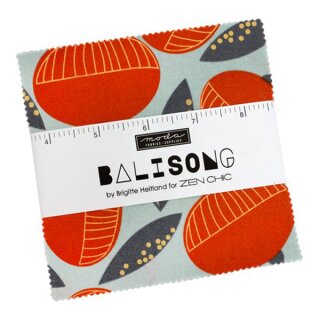 Das Bild zeigt den obersten Stoff von dem Mini Charm Balisong von Brigitte Heitland Zen Chic fuer moda fabrics. Es sind orangefarbene Fruechte auf einem blaugrauen Hintergrund.