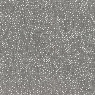 Das Bild zeigt einen grauen Baumwollstoff mit einem zarten grauen Gittermuster und obenauf weisse Punkte.