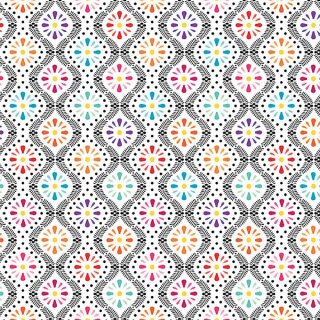 Das Bild zeigt einen weiss grundigen Baumwollstoff, auf dem schwarz-weiss gewellte Bluetenranken gedruckt sind. Dazwischen liegen blaue, orangefarbene, lila und pinke Blueten.