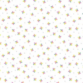 Das Bild zeigt einen weissen Baumwollstoff. Auf ihn sind in regelmaessigen kleinen Abstaenden bunte Windmuehlblaetter gedruckt, die von kleinen grauen Punkten getrennt werden.