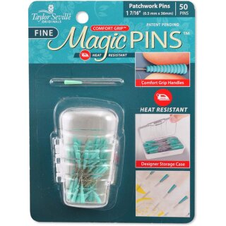Das Bild zeigt eine Klarsichtbox aus Kunststoff mit dem Inhalt der Patchwork Magic Pins 36mm Laenge.