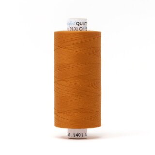 Das Bild zeigt das orangefarbene Perfect Quilting Thread mit der Farbnummer 1401. Der Konen Kern besteht aus Pappe und die Garnrolle steht senkrecht.