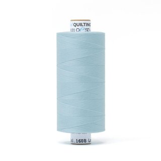 Das Bild zeigt das aqua-blaufarbenes Perfect Quilting Thread mit der Farbnummer 1608. Der Konen Kern besteht aus Pappe und die Garnrolle steht senkrecht.