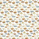 Das Bild zeigt digital aufgedruckte Segelboote in karamell, blau, mintgruen und apricot auf hellem Baumwollstoff.