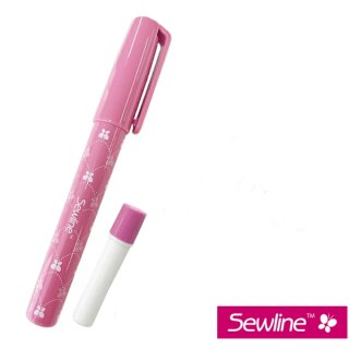 Das Bild zeigt den rosefarbenen Textil Klebestift mit einer Ersatzmine von Sewline.