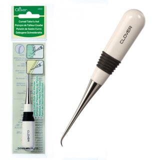 Das Bild zeigt die gebogene Ahle von Clover in ihrer Klarsichthuelle mit gruener Verpackung und rechts daneben einzeln aus der Verpackung herausgenommen.