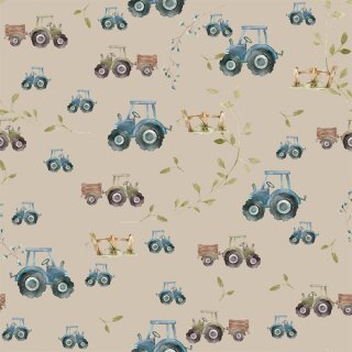 Das Bild zeigt den Jerseystoff Traktoren in blau und gruen auf sandfarbenen Untergrund.