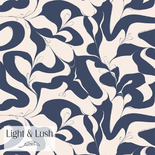 Die Ansicht zeigt einen weich fliessenden blau beige gemusterten Viscosestoff mit grossen Flaechen.