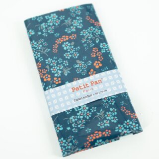 Stoffcoupon, mit TPU beschichtete Baumwolle in petrolblau mit kleinem Blumenmuster in mintgrün, orange und grau