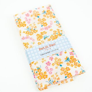 Stoffcoupon, mit TPU beschichtete Baumwolle in natur mit kleinem Blumenmuster in orange, pink, petrolblau, mit Neonakzenten