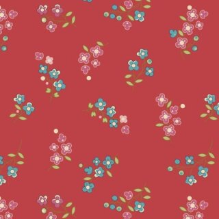 Baumwollstoff rot mit kleinem Blumenmuster in blau, rosa und grün