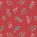 Baumwollstoff rot mit kleinem Blumenmuster in blau, rosa und grün