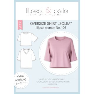 Das Bild zeigt das Papierschnittmuster für das Oversize Shirt Solea. Das abgebildete Modell mit einem rundem Halsausschnitt wurde in einem rosefarbenen Jersey genaeht. Links neben dem Foto sind Skizzen von zwei Schnittvarianten zu sehen.