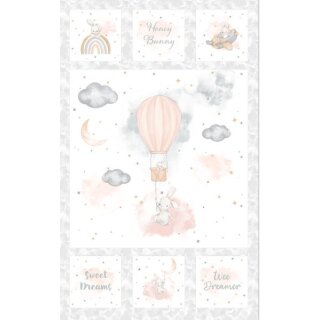 Das Bild zeigt das Stoffpanel Honey Bunny. Hauptmotiv ist der am Ballon haengende Hase auf weissem Untergrund.