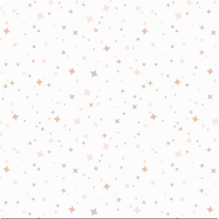 Das Bild zeigt den Baumwollstoff  Honey Bunny Stars. Kleine pastellfarbenen Sterne in grau apricot und braun sind auf weissem Untergrund.