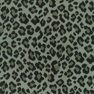 Das Bild zeigt den Baumwollstoff Leo Print in graugruen schwarz von Kokka.