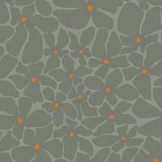 Das Bild zeigt den Baumwollstoff Bloom Burst moonlit von AGF Fabrics. Es sind graugruene Blueten mit einer kleinen orangefarbenen Mitte auf einem hellen graugruenen Untergrund.