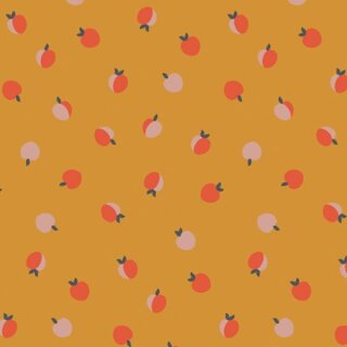 Das Bild zeigt den Patchworkstoff  Peach Cobbler. Es sind kleine, roséfarbene, zuckersüße Pfirsiche, die über einen zimtgelben Untergrund kullern.